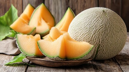 Cantaloupe fruit slices on a wooden bowl close up