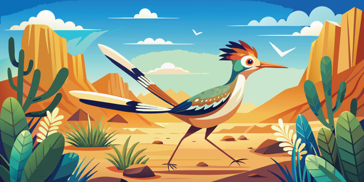 Wild and pretty roadrunner bird walking in detail and colorful vector illustration art