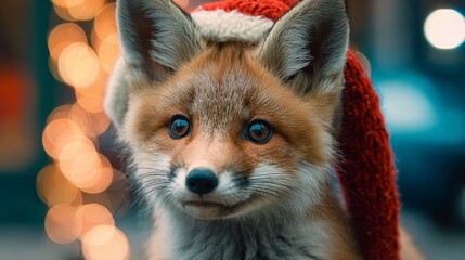 Obraz premium Baby fox wearing red Santa hat. Blurred holiday lights background