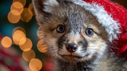 Obraz premium Baby fox wearing red Santa hat. Blurred holiday lights background