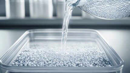 Clear electrophoresis buffer solution pouring into a gel tray