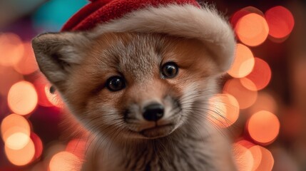 Obraz premium Baby fox wearing red Santa hat. Blurred holiday lights background