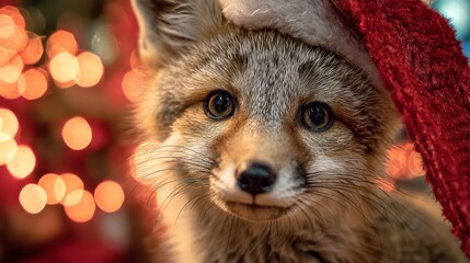 Obraz premium Baby fox wearing red Santa hat. Blurred holiday lights background