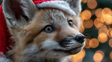 Obraz premium Baby fox wearing red Santa hat. Blurred holiday lights background