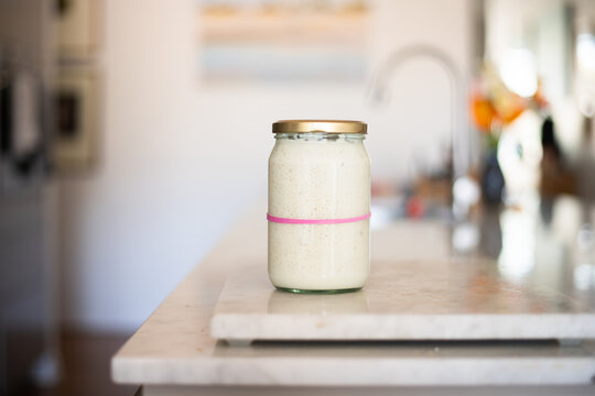 sourdough starter in a jar, it has doubled in size, the pink band marking the original amount