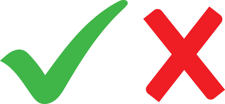 Green check mark and red cross symbols on white background correct incorrect