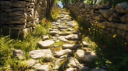 detailed natural stone path winding through lush green foliage, mossy rocks, overgrown forest floor, serene landscape, beautiful lighting, digital art, hyperrealistic, 8K
