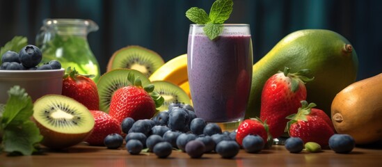 ripe_fruit, fresh_produce, healthy_smoothie, glass_jar, wooden_table, natural_lighting, vibrant_colors, appetizing_display, nutritious_ingredients, berry_fruit, citrus_fruit, smoothie_ingredients
