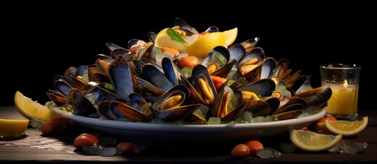 detailed, high resolution, dramatic lighting, moody, close-up, platter of cooked mussels and clams with lemon slices, vibrant colors, textured surfaces, reflective lighting, elegant presentation, atmo