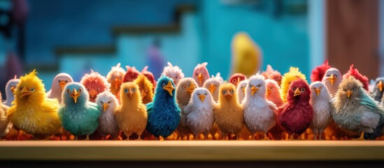 Flock of colorful plush chickens, vibrant, whimsical, intricate details, enchanting lighting, still life photography, macro, studio lighting, cinematic, highly detailed
