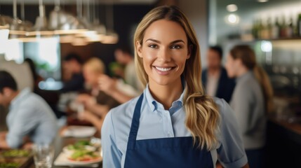 waitress, cafe, restaurant, smiling, apron, counter, serving, diner
