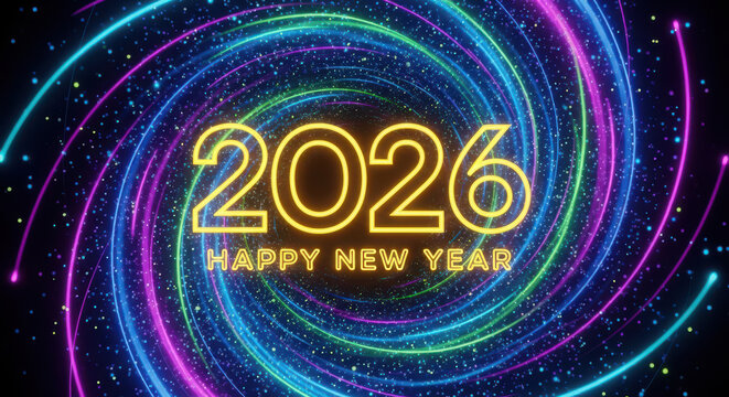 Bright neon 2026 happy new year swirls