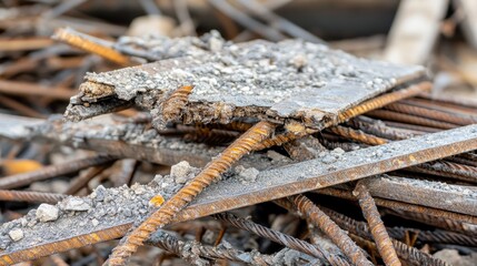 Close up of damaged rebar and concrete after collapse