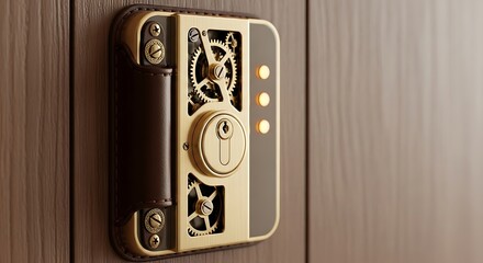Steampunk Door Lock Brass Gears Wood Panel Design Feature