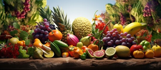 tropical fruits, vibrant colors, abundance, natural lighting, still life, lush greenery, dynamic composition, fresh produce, pineapple, grapes, citrus, berries, variety, balanced arrangement, enticing