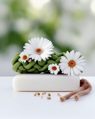 A composition of natural spa items including white daisies, green braided fabric, a bar of soap, dried botanicals, and a rope on a white surface.