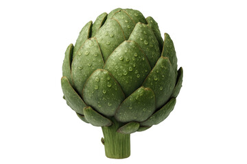 Obraz premium Fresh green globe artichoke with water drops, a raw healthy vegetable food ingredient for cooking on transparent background