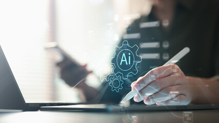 automation, workflow, ai, artificial intelligence, assistant, Close-up of a person using a tablet with AI and automation icons overlay, symbolizing artificial intelligence and workflow efficiency.