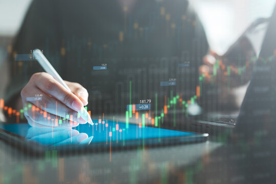 stock, investment, trading, market, chart, risk, analysis, profit, Hand using stylus on tablet with digital stock market chart, representing financial trading, investment analysis, and profit growth.