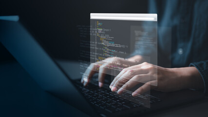 software, development, programmer, coding, code, Hands typing on laptop with holographic programming code interface, symbolizing software development, coding, and digital innovation.