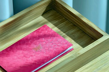 A pink notebook with an embossed butterfly design is placed inside a wooden tray, with soft light and shadows creating a serene atmosphere.