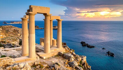 Ancient stone ruins overlooking the serene sea with a vibrant sunset