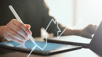 realestate, property, investment, rental, mortgage, Hand using stylus on tablet with house-shaped...