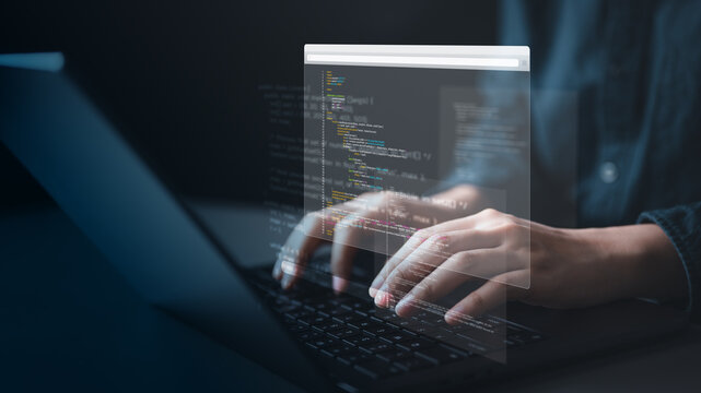 software, development, programmer, coding, code, Hands typing on laptop with holographic programming code interface, symbolizing software development, coding, and digital innovation. - Powered by Adobe
