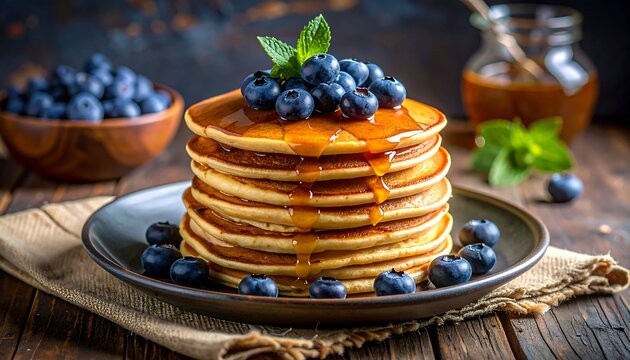 Stack of golden pancakes, blueberries, syrup, mint on plate