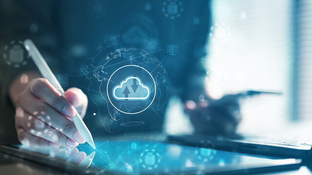 digital, transformation, network, crm, erp, analytics, report, Hand using stylus on tablet with digital cloud network interface, representing CRM, ERP, and data integration in business transformation.