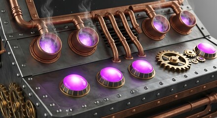 Steampunk Control Panel With Illuminated Tubes and Buttons Displaying Intricate Design