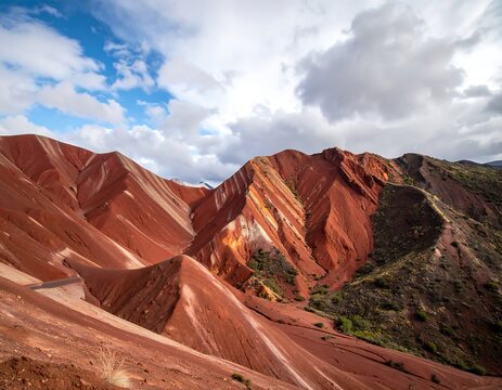 Striking view of colorful, striped mountain range under cloudy sky