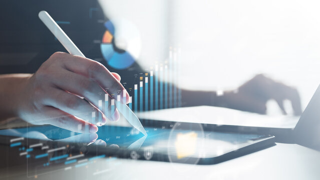 analysis, analytics, finance, business, dashboard, data, report, investment, growth, Business analyst using tablet to review financial data and growth chart, showing analytics and investment insight. - Powered by Adobe