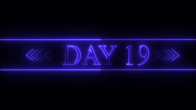 Glowing neon sign displaying DAY 19 in vibrant purple on a dark background day 19 nineteen