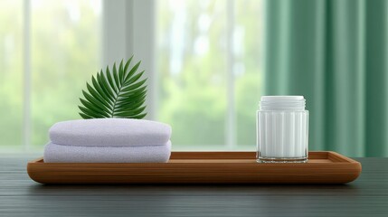 A spa tray holds two neatly folded white towels, a green palm leaf, and a ribbed white jar, set against a blurred background of soft light and green curtains.