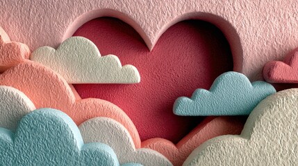 A textured pink background features a heart-shaped cutout revealing a deeper red interior, surrounded by soft, pastel-colored cloud shapes.
