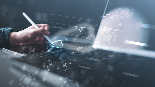 technology, data, analytics, bigdata, dashboard, Hand using stylus on tablet with holographic cloud and data network icons, representing analytics, big data, and cloud computing technology.