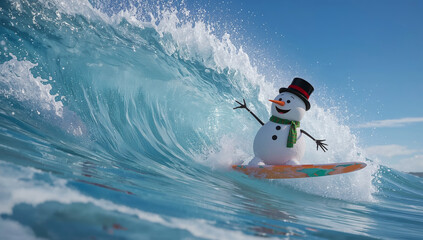 An AI-generated image in a 3D animation style of the snowman surfing the waves, and escaping the winter cold
