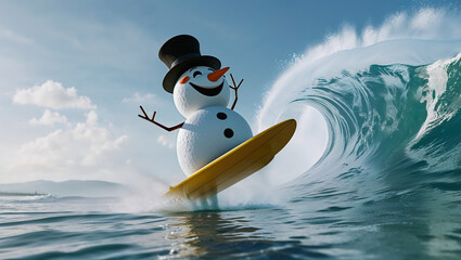 An AI-generated image in a 3D animation style of the snowman surfing the waves, and escaping the winter cold