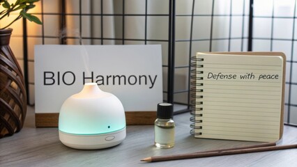 Modern essential oil diffuser in calming setting with notebook and message promoting peace and harmony in personal wellness