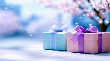 Two gift boxes, one pink with purple ribbon and one blue with white polka dots and lavender ribbon, are presented in a soft-focus setting with blooming flowers.