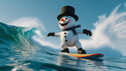 An AI-generated image in a 3D animation style of the snowman surfing the waves, and escaping the winter cold