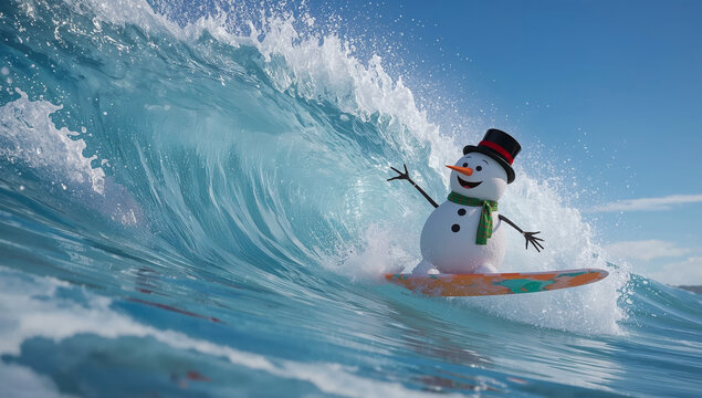 An AI-generated image in a 3D animation style of the snowman surfing the waves, and escaping the winter cold 