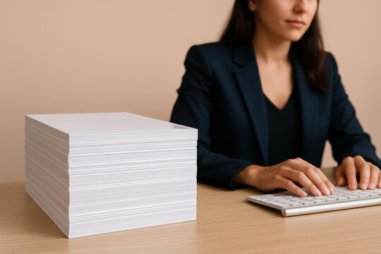 Focused businesswoman working at modern desk with large stack of blank paper, efficient employee typing on wireless keyboard