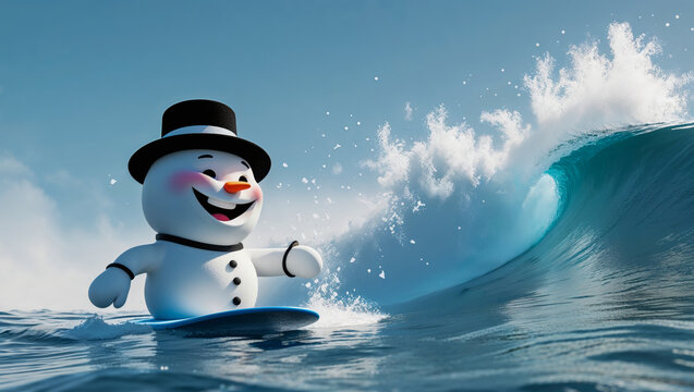 An AI-generated image in a 3D animation style of the snowman surfing the waves, and escaping the winter cold 