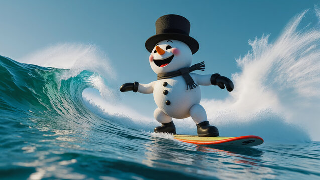 An AI-generated image in a 3D animation style of the snowman surfing the waves, and escaping the winter cold 