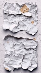 Two crumpled pieces of white paper with cracked surfaces and exposed tan material are arranged vertically against a textured light gray background.