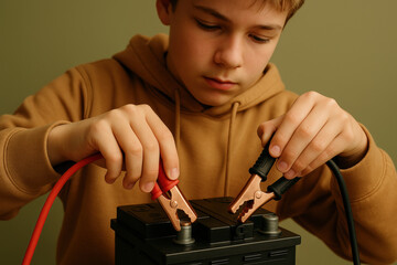 Focused young boy connecting jumper cables to car battery terminals, learning hands on electrical safety and battery maintenance