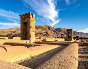 Ancient stone ruins under a vibrant blue sky, mountain background
