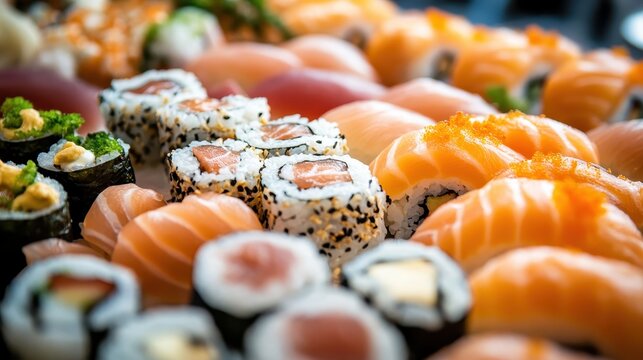 Close up of sushi rolls featuring fresh salmon and Japanese cuisine - Powered by Adobe